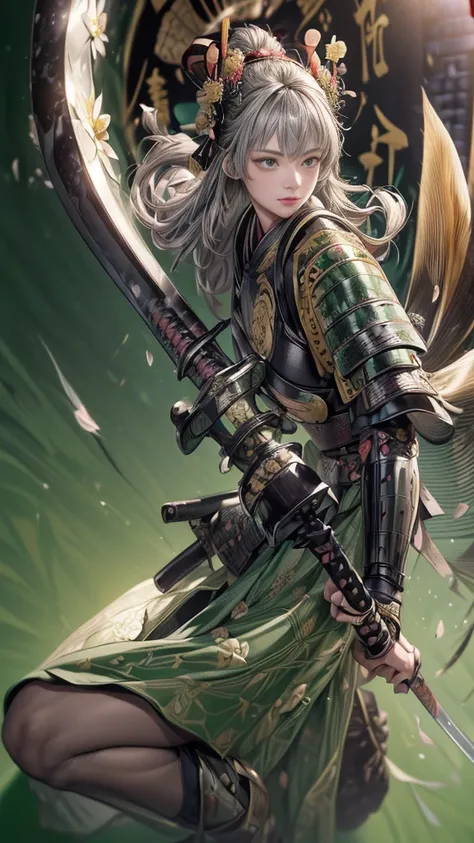 young woman,Oiran,warrior,(wielding a huge_weapon:1.6), very detailedな, realist,(fisheye lens:1.6),(combat posture:1.8), Brilliant Appearance ,extremely detailed, Imaginative,sensual ,top quality,  skin texture,(Milkmaid braid hair),(Ash gray hair:1.3),(hu...