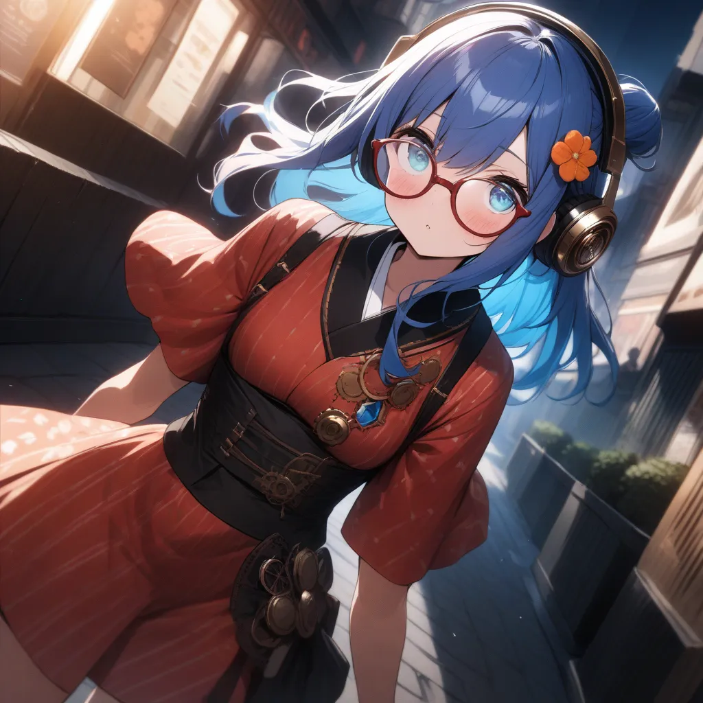 Japanese idol alone, bust up, cobalt jewel eyes, round large droopy eyes, eye highlights, red rimmed glasses, navy blue hair, light blue inner color hair, half-up bun, flower hair accessory, red yukata with summer mandarin orange pattern, steampunk style h...