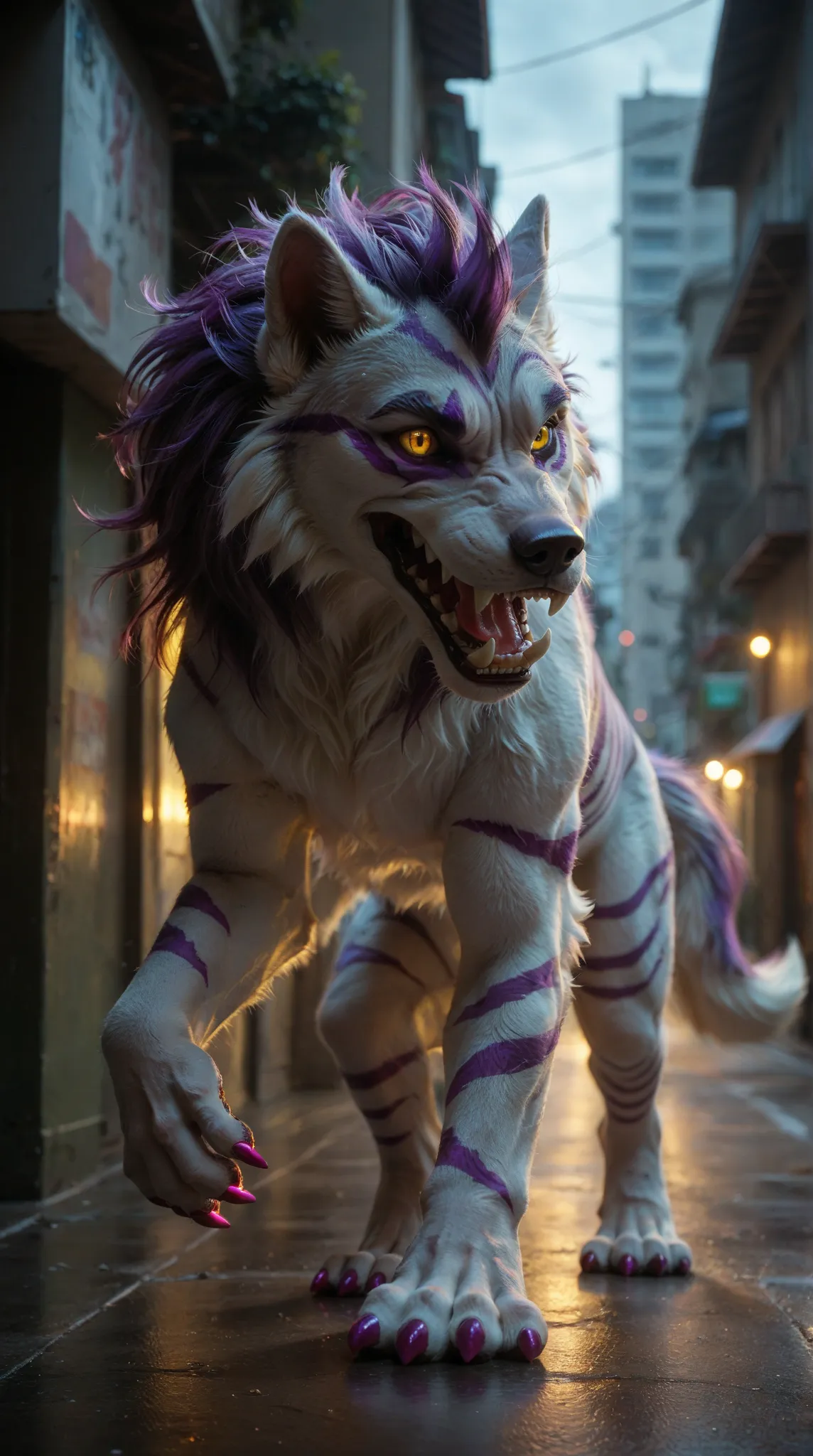 creature resembling a wolf with distinct features. The creature has a predominantly white fur coat with bold, jagged purple stripes running across its body. Its mane is spiky and extends down its back, also in a striking purple hue. The creature's eyes are...