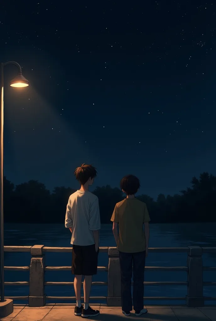 
The image shows two young men standing on a promenade at night, illuminated by a streetlight.  The environment is serene , with a railing at the water's edge and a dark starry sky in the background.