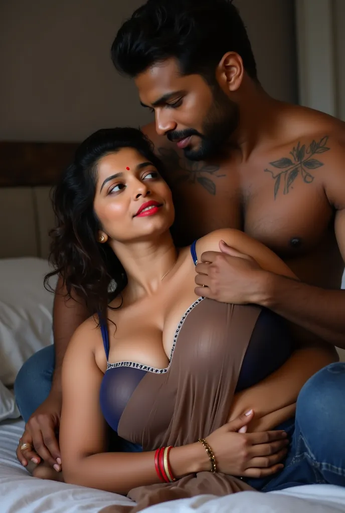 photo of 35 year old ,very thick Voluptuous Mature Indian aunty with white skin, wearing Transparent brown saree and blue sleeveless Blouse, showing her large U cut Cleavage, Red Sindoor on her forehead,big red bindi, Hair messed up, nice curves,brown lips...