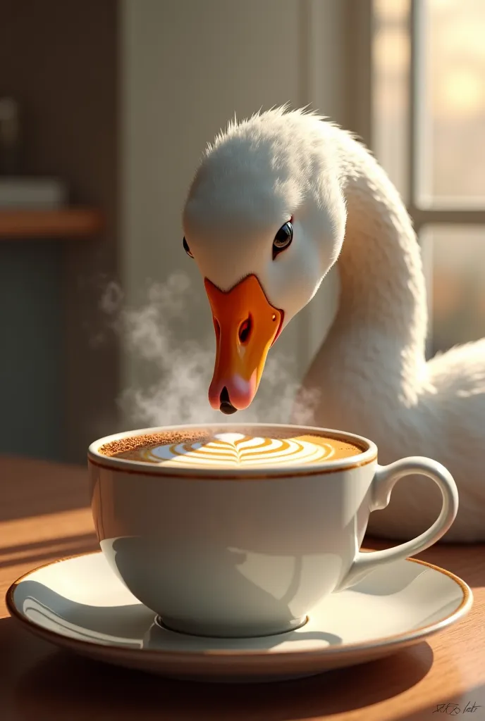 Make me drink a cup of flat white coffee with the image of the goose