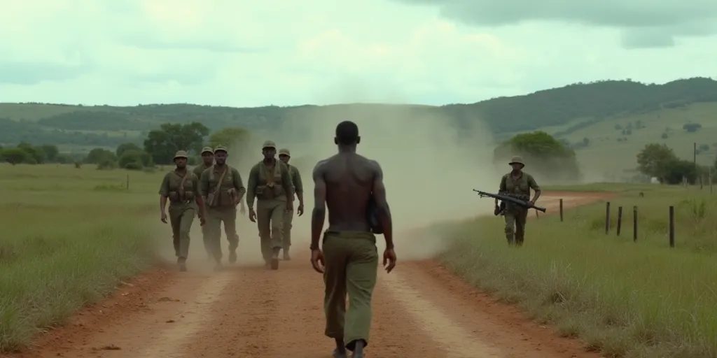 In a wide shot, Adão, a Black man, leads his group as they encounter a small patrol conducting reconnaissance. The scene takes place in Rio Grande do Sul in 1983, in an open rural landscape with rolling fields, dirt paths, and scattered trees under an over...