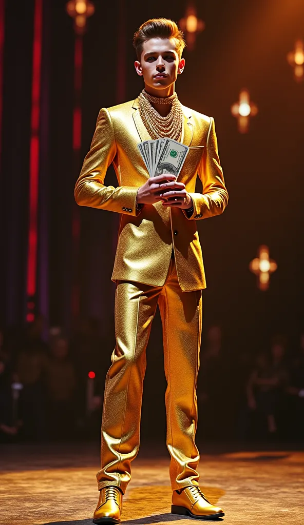 A skinny , wearing elegant golden clothes and shoes, an elegant hairstyle on his head, bundles of dollars in his hand, and a lot of precious jewelry around his neck. He is standing on the American Talent stage.