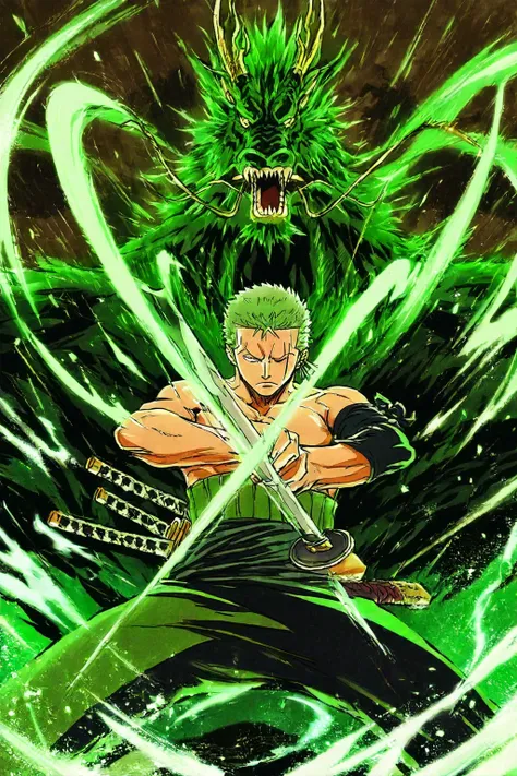 Roronoa Zoro is fighting, green dynamic swirls, a mystical green dragon aura aim