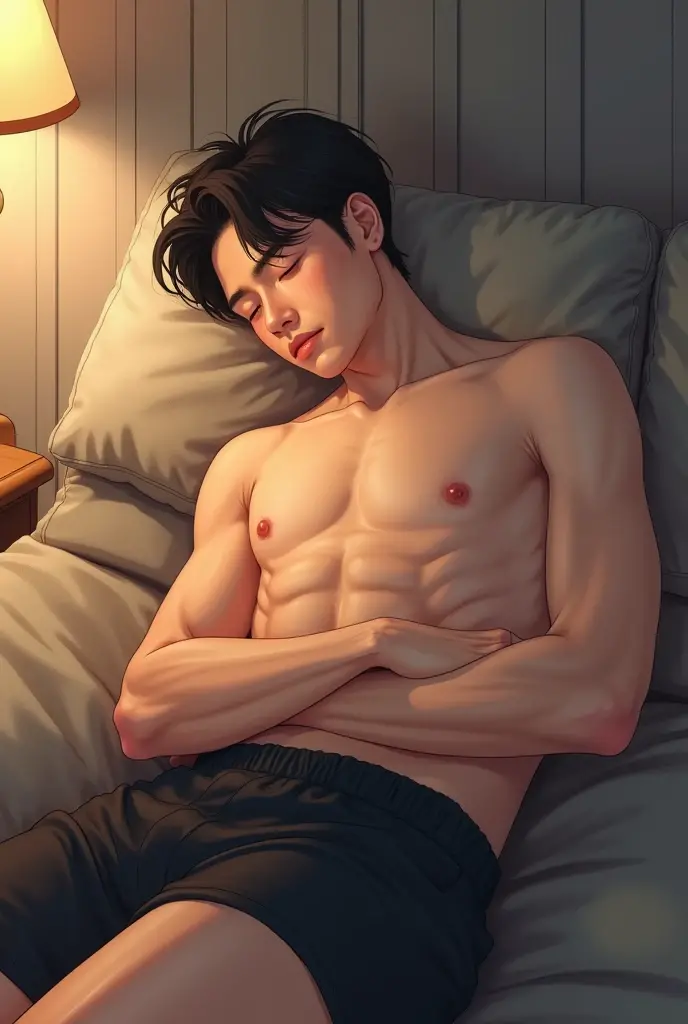 A guy laying down on a bed shirtless with a lean build and no body hair. Fair skin, a subtle smirk on his face while closing his eyes. One hand behind his head while the other on his black pants. Camera positioned on an angle in the side. Dridgity drawing ...