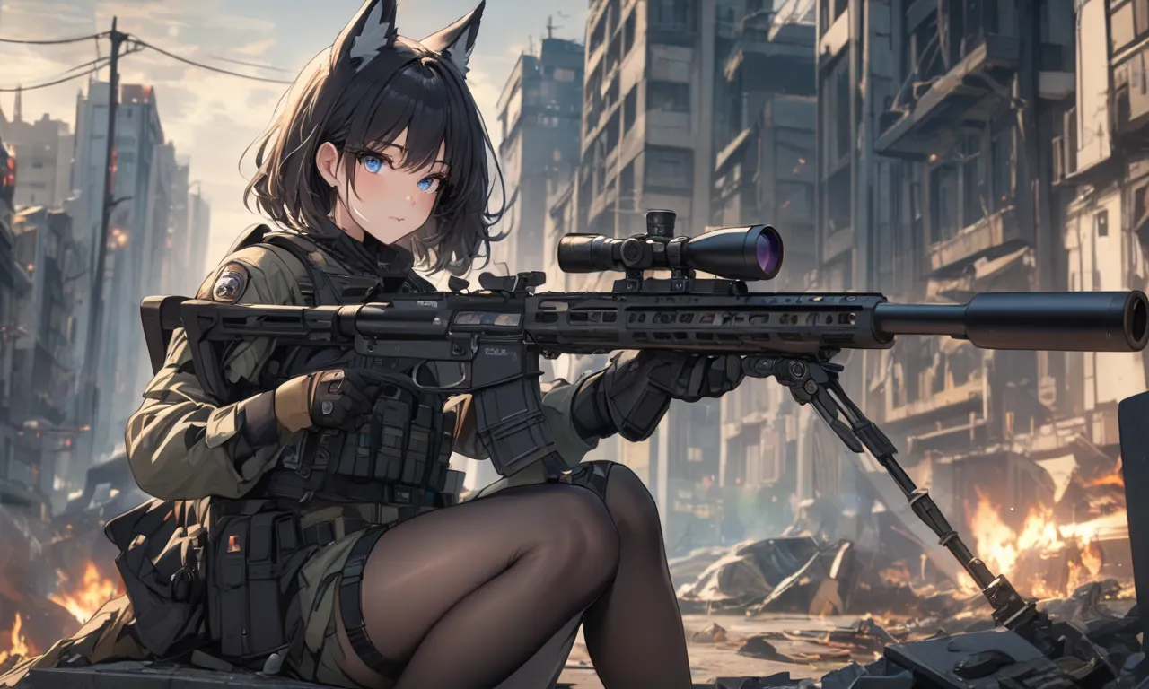 (masterpiece, best quality), 1female, fox ear, furry, elegant and beautiful female, short hair, black hair, puple eyes, beautiful detailed eyes, city, apocalypse, Holding sniper, tactical outfit, looking at viewer,natural lighting, vibrant colors, cinemati...