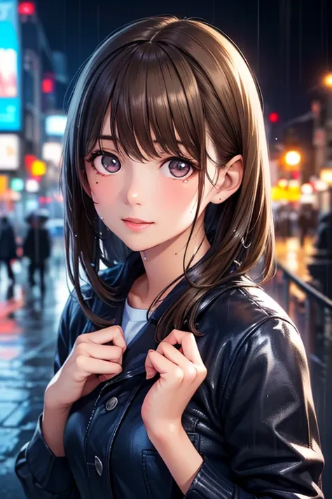 8k, RAW photo, best quality, masterpiece:1.2),(realistic, photo-realistic:1.37),tokyo street, night , rain, wet, cityscape, night , cyberpunk city,Soft light,1 girl,, very beautiful face, Bust,Put your hands down ,,Anegasaki Nene, shiny brown hair, beautif...