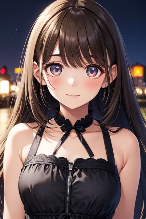 Multicolor, 1 girl,  night ,  dark,   black hair, watch viewers, upper body, facing viewer,  Limited Palette , , Shine,,Anegasaki Nene, shiny brown hair, beautiful brown eyes, smiling face, sparkling pupils, (fine grain), highly detailed eyes, highly detai...