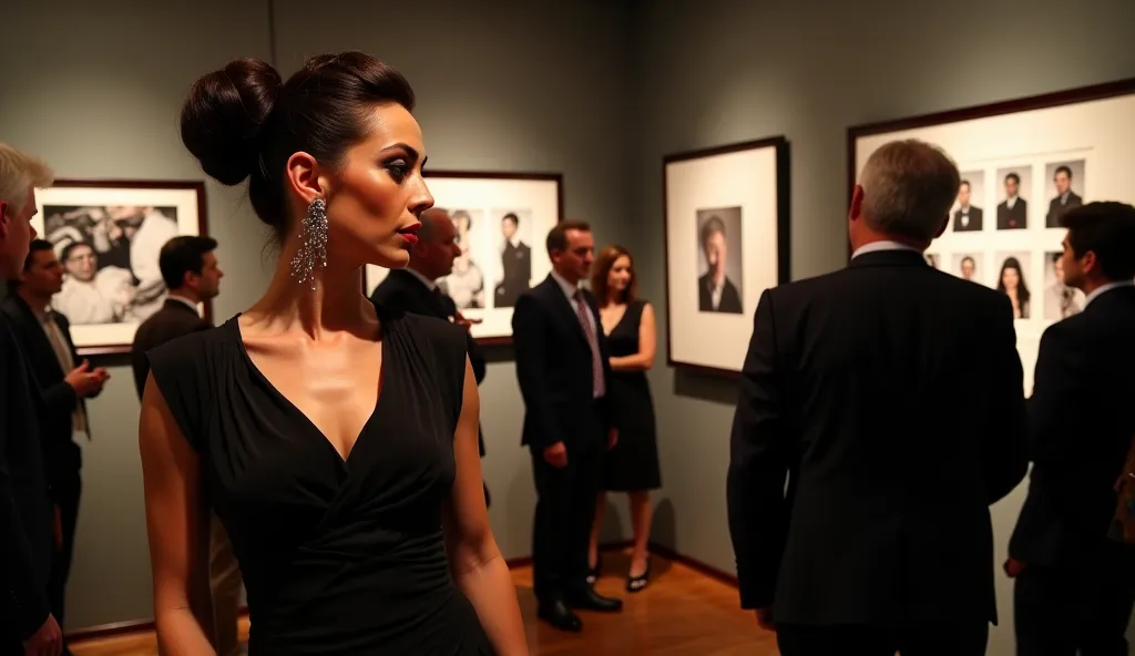 A sophisticated art gallery during an opening night reception. A striking woman with an elegant updo, dramatic makeup and a black architectural dress stands confidently near large mounted photographs. Gallery visitors examine thought-provoking images juxta...