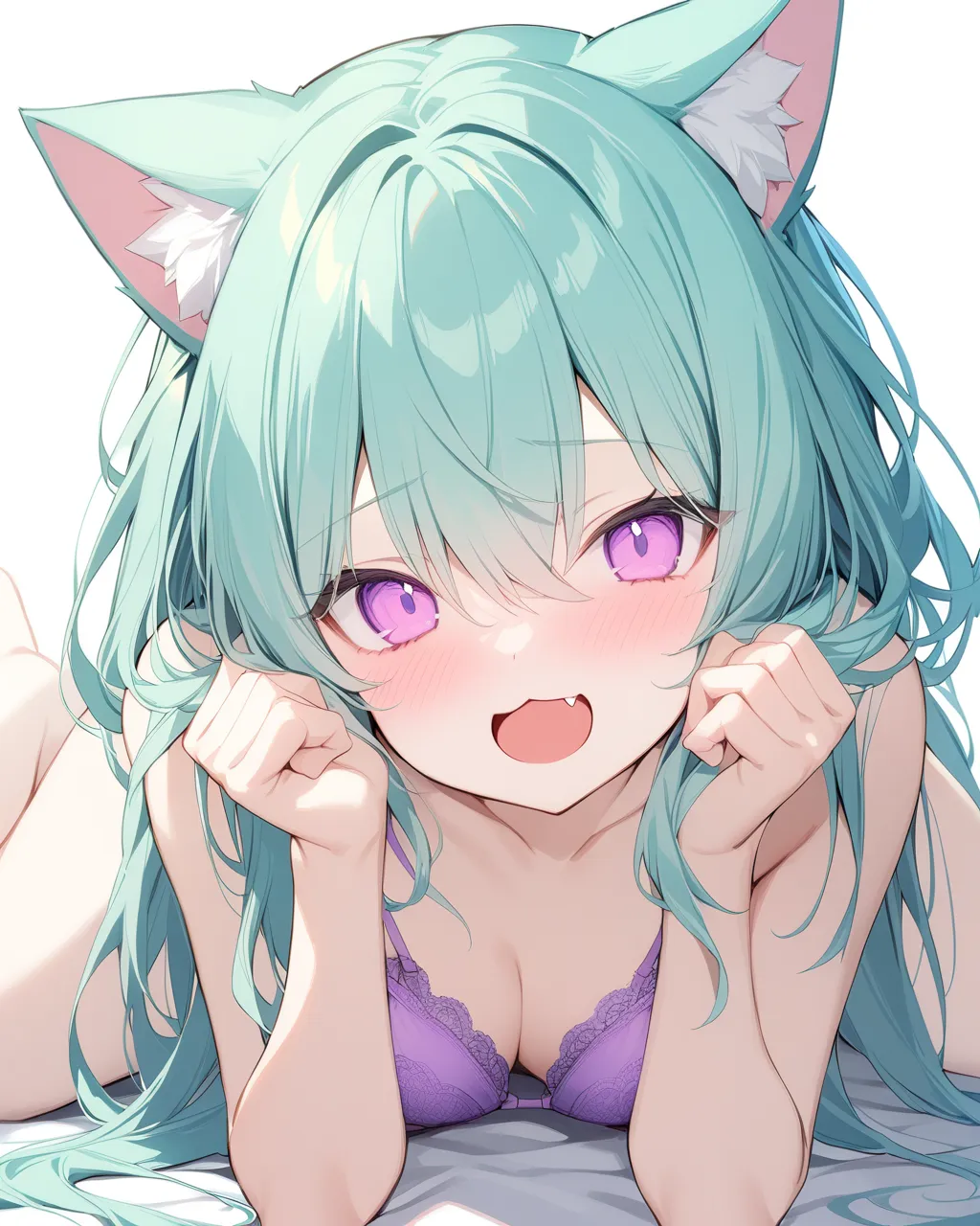 1girl,solo,long hair,looking at viewer,open mouth,bangs,aqua hair,white background,hair between eyes,purple eyes,:d,fang,pink eyes, hands up, cat ears, masterpiece, best quality, wearing violet bra, :3 face, nude vagina cute, blushing, laying on ground leg...