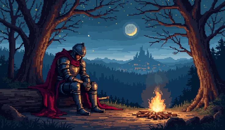 **Highly detailed pixel art of a weary medieval knight with His helmet remains on slumped on a weathered wooden log by a dimly burning campfire in a secluded forest clearing at night. His full plate armor, reflects the weak flicker of firelight. His deep ...