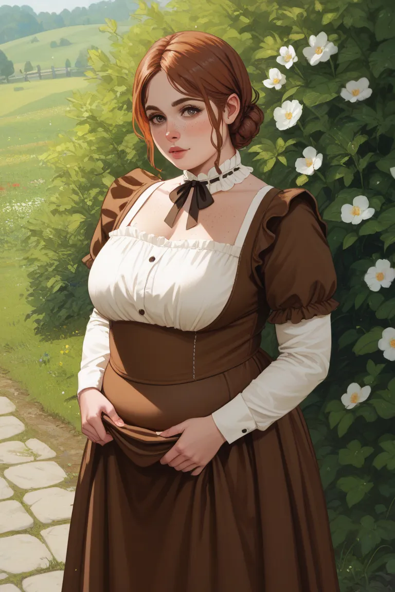 1 chubby girl, burgundy-brown hair, low bun, voluptuous, brown maid dress, medieval pastures, freckles 