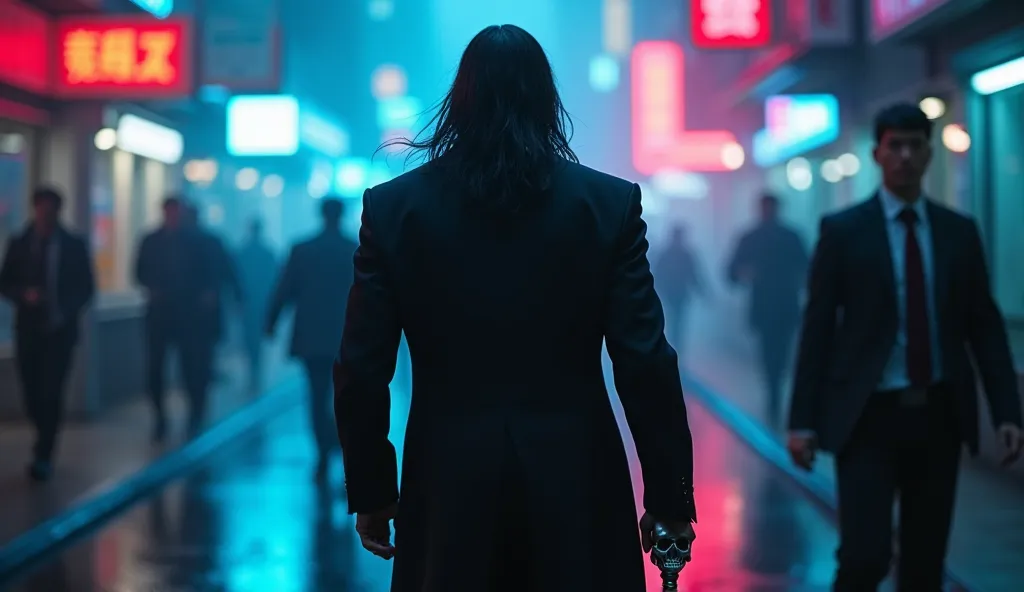 A cinematic cyberpunk scene featuring Hades from Greek mythology, depicted as a modern, powerful figure. He is walking away from the camera, his broad back and strong silhouette dominating the frame. He wears a perfectly tailored black suit, a crimson tie ...