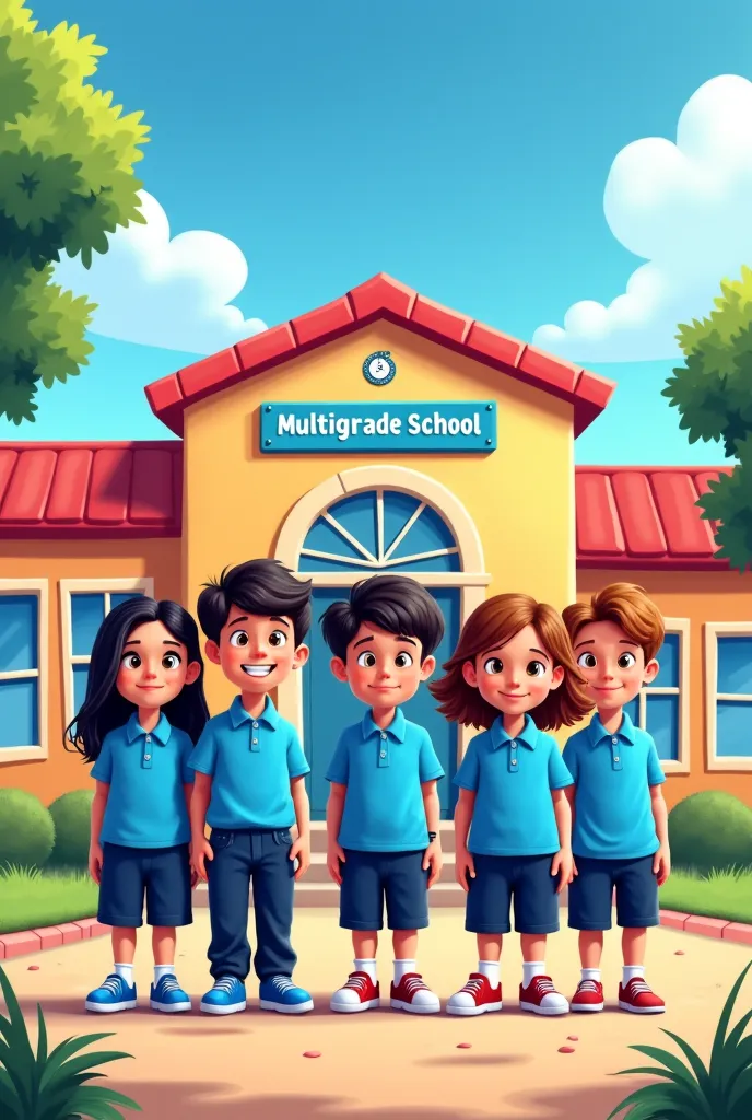 Can you create an image for me that has the title Multigrade School, in which several boys and girls are in a school outside. Let the school look and that the school has a sign that says Multigrade School in Spanish. ren must be of different ages. All ren ...