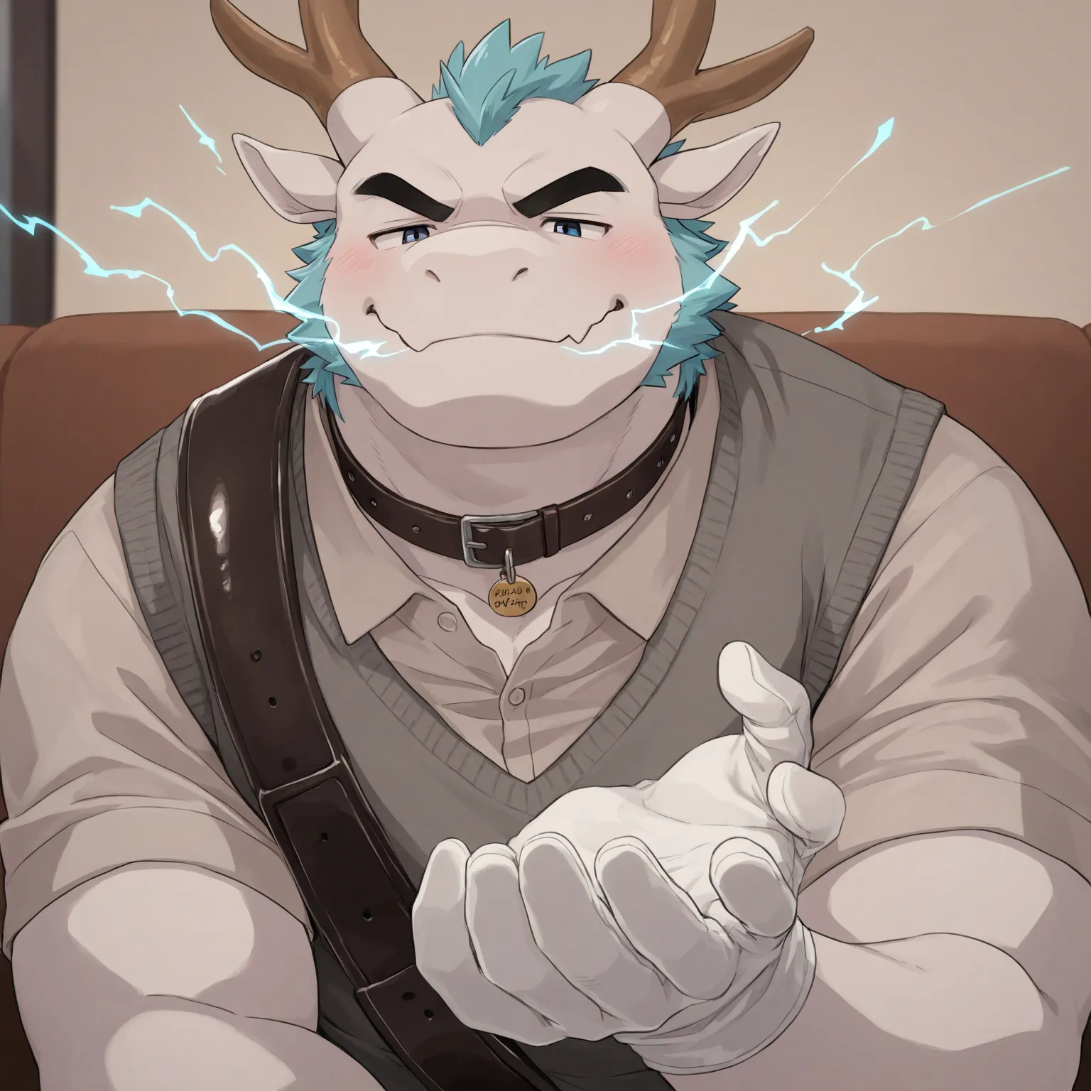 High Quality, Male, Dragon, Anthro(Dragon),Chubby,(Black eyebrows:1.1),(Perfect eyes),Smooth Skin，（artist:Takemoto Arashi），Living Room background，claw，（Sweater-vest:1.3）。Wearing a Leather collar around his neck. Wearing fancy white gloves on his hands, fan...