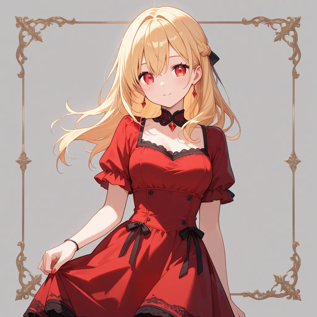 Blonde girl with crimson eyes in a black and red dress