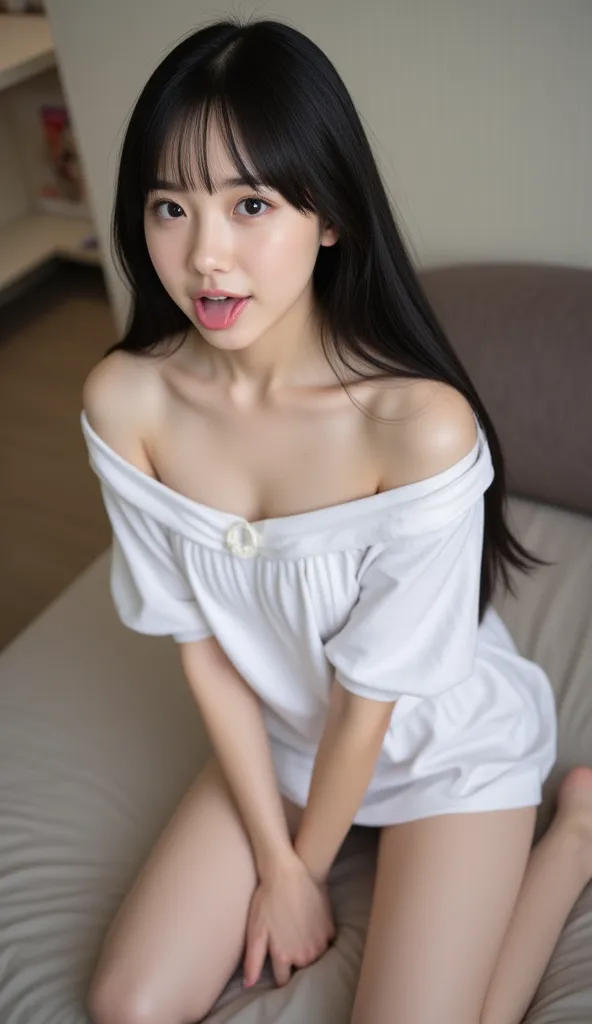 girl,  black hair,  long hair, Open your mouth wide and stick your tongue out, Accurate eye expression, Accurate facial expressions,  masterpiece,  super high resolution on brown, Very detailed, in detail, Detailed eye expressions,  of the best quality,  r...