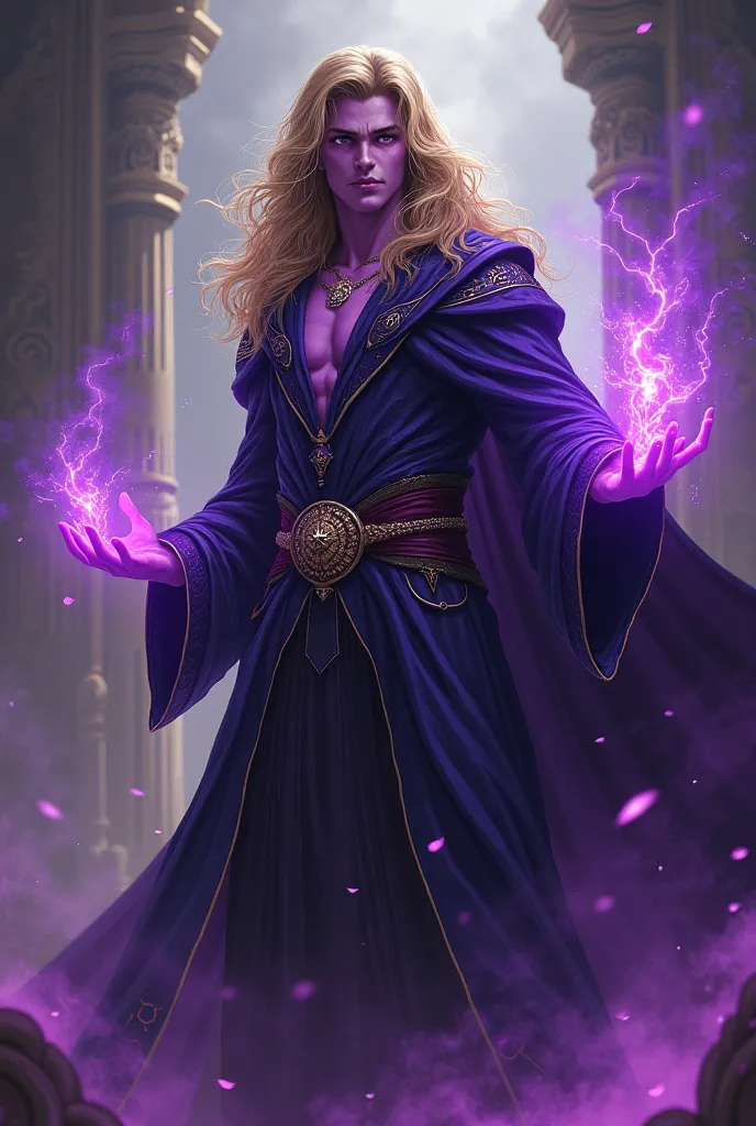 a sorcerer young man with purple skin, gold hair and black eyes