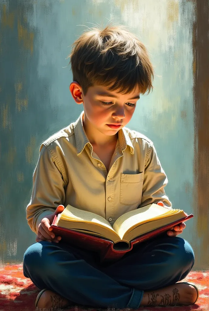 An impressionist-style painting of a boy reading a book
