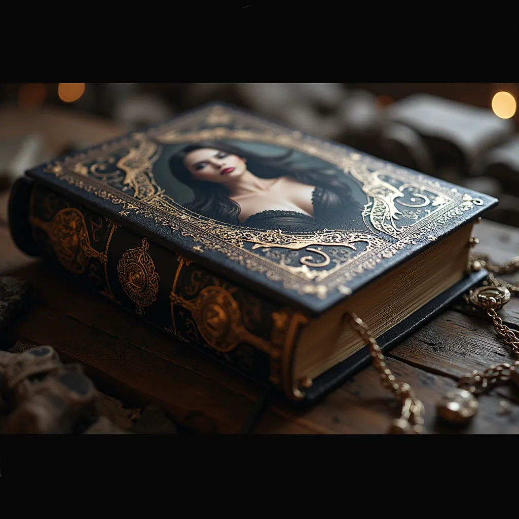 Forbidden Spellbook from the Ancient Archives、Elegant Beauty on a Leather Cover、Chained Cover、Elaborate Masterpiece with Elaborate Details、4K High Resolution、realistic depiction、photo-like realism、Vivid Colors、Bokeh Background、dark and mysterious atmospher...