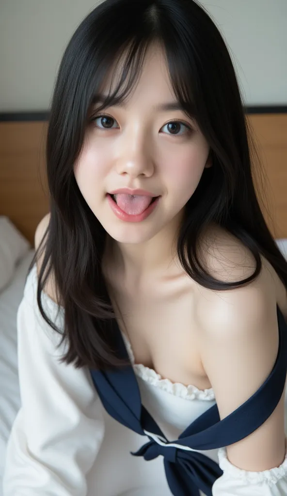 girl,  black hair,  long hair, Open your mouth wide and stick your tongue out, Accurate eye expression, Accurate facial expressions,  masterpiece,  super high resolution on brown, Very detailed, in detail, Detailed eye expressions,  of the best quality,  r...