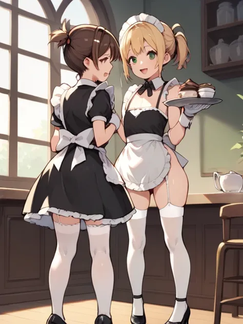 score_9, score_8_ up, score_7_ up,  source_anime，nsfw，uncorrected，maid dress holding a plate with lattes in their hands  (Back view of two young girls serving latte coffee in a)(1 has blonde hair tied in a slightly short ponytail (Wear a )  and green eyes ...