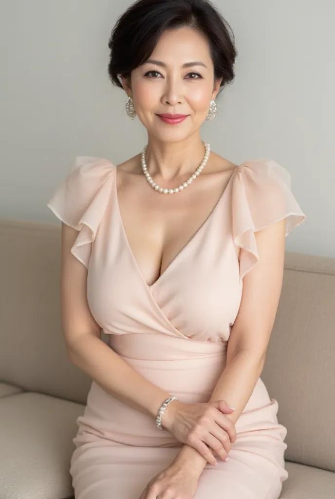 (((Sit with your knees aligned、calves、high heels:1.３)))、(((Body-fitting pencil skirt、high heels、 black hair up 、Sitting in a good posture on the couch:1.３)))、( Excited Mature Woman , 60 years old,   Japanese,  masterpiece,  top quality,  high resolution, r...