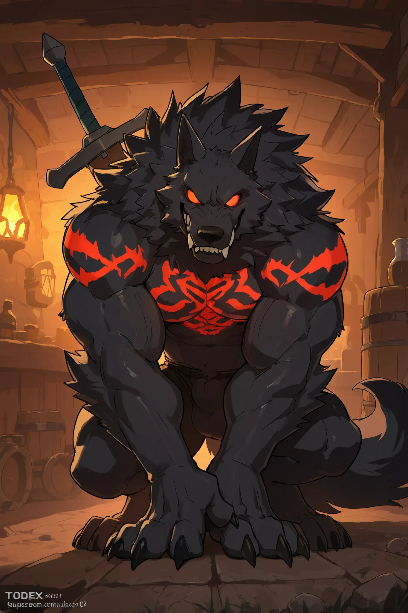 score_9, score_8_up, score_7_up, score_6_up, masterpiece, best quality, amazing quality, very aesthetic, absurdres, newest, scenery, (heartless, muscular, feral, big muscles, glowing red public tattoo), 1male, Solo, closed Mouth, evil grin, monster werewol...