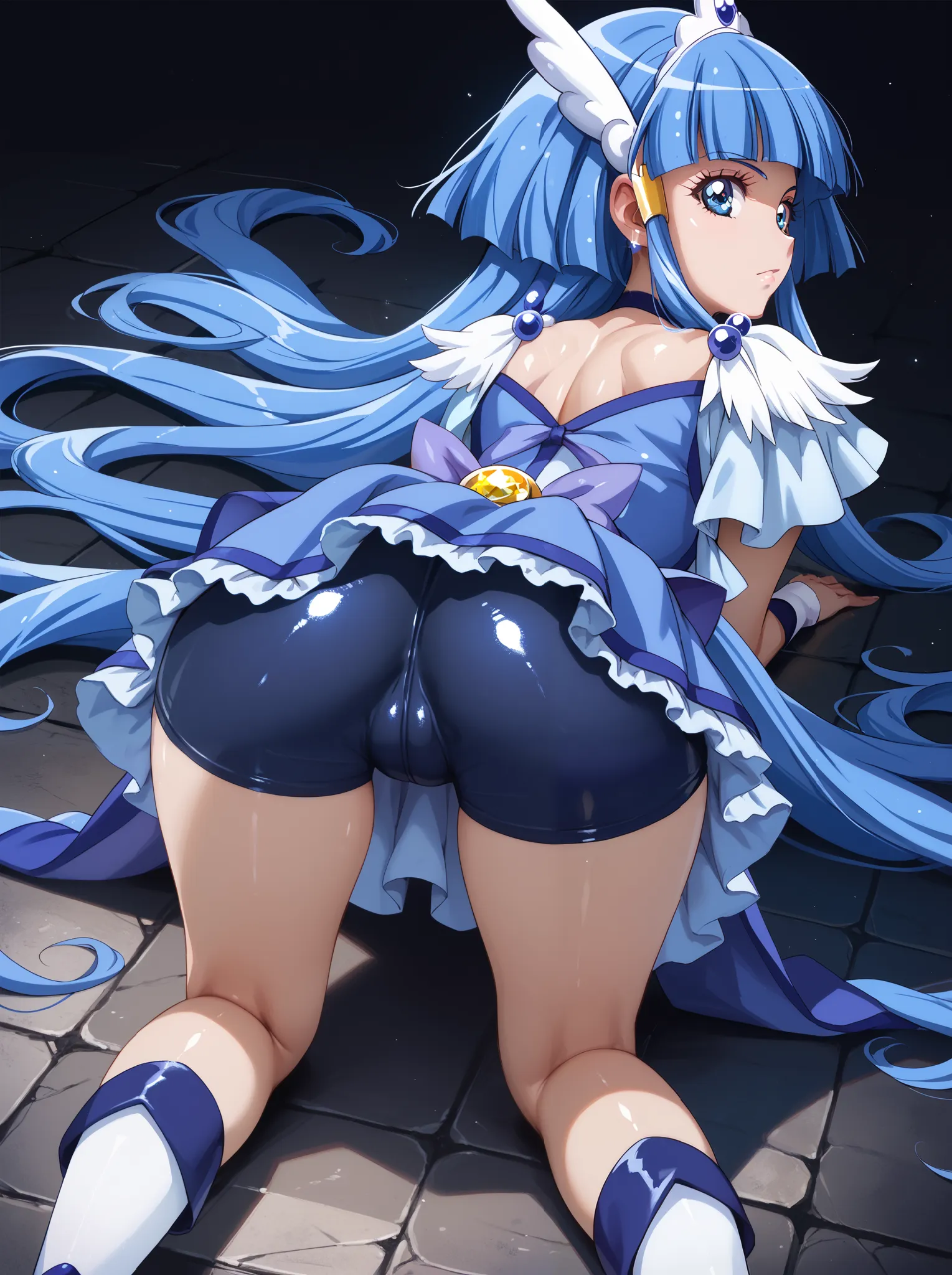 1girl, solo, ((curebeauty)), shiny skin,all fours,anime coloring,stone floor,black background,back view,dark blue bike shorts,looking back,sulking