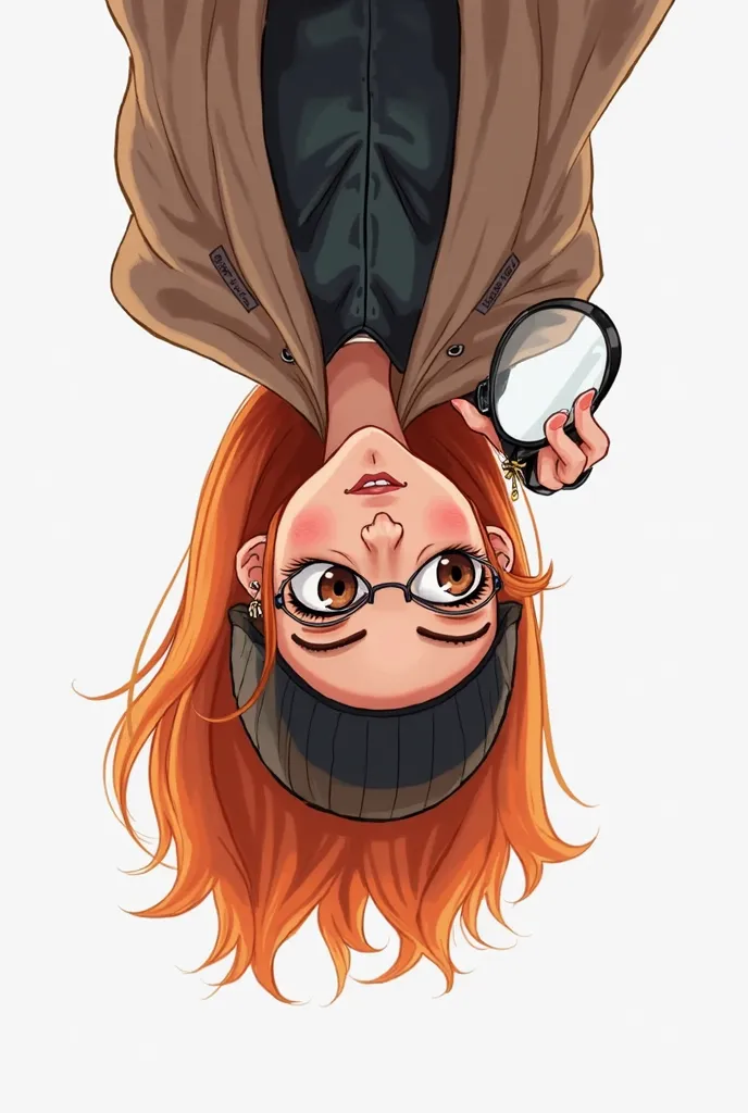 cartoon character of a woman crime scene inspector with a beanie, coat and a magnifying glass in front of his face, white background, with her head upside down, ginger, long, straight hair, brown eyes