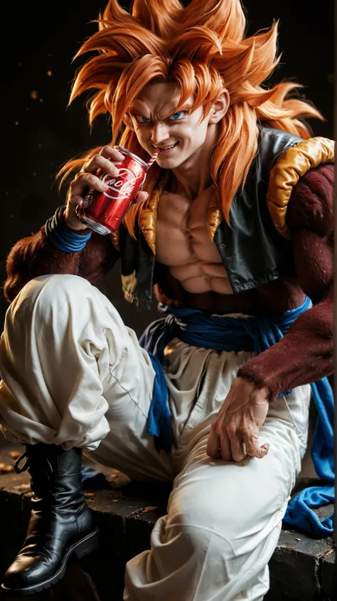 Ssj4 gojeta ,character with a muscular build, featuring spiky orange hair and a confident expression. The character has maroom fur skin  and is wearing a black top with a yellow fur-like collar. The outfit includes white baggy pants tied with a blue sash, ...