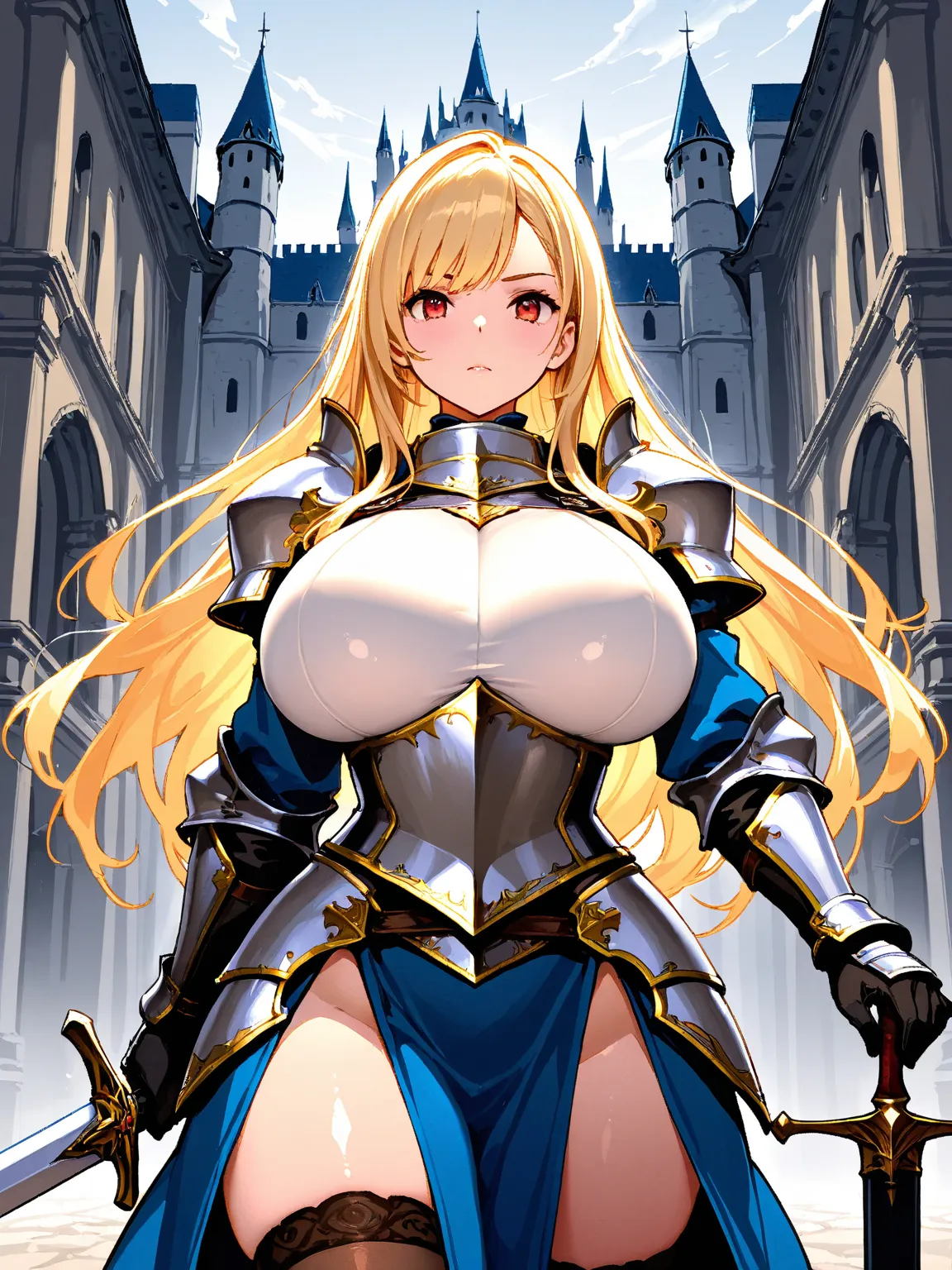 8k,masterpiece, best quality, ultra detailed, high resolution, super fine illustration, extremely detailed CG, looking at viewer,1girl,solo, red eyes, blonde hair, long hair, huge breasts, fantasy,knight, armor, armored skirt, thighhighs, holding long swor...