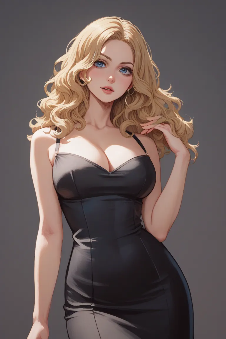 1 girl, wavy blonde hair adorned bun, blue eyes, voluptuous, black dress 1800 style, London 