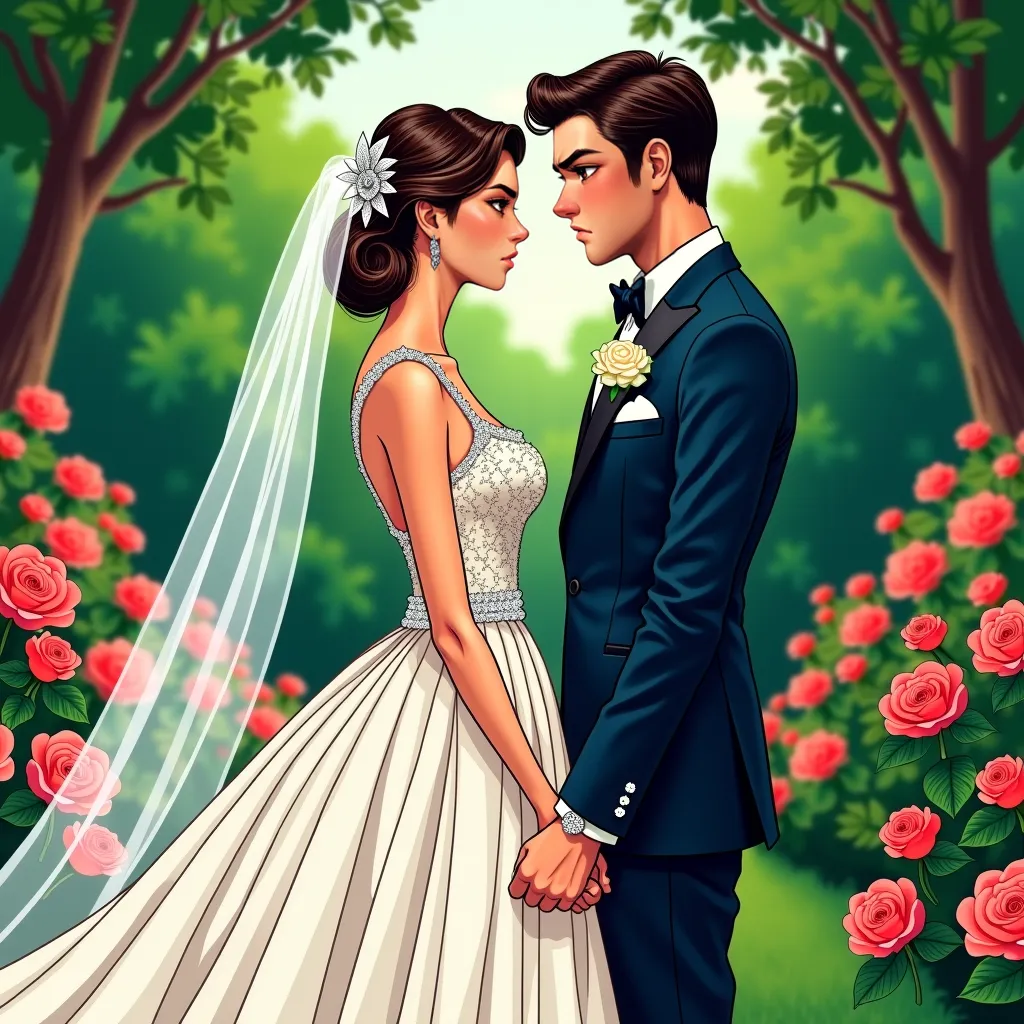 Comic-like image of a newlywed couple, She has the wedding dress, He wears an elegant outfit. they are standing opposite each other in a garden and their faces are very serious