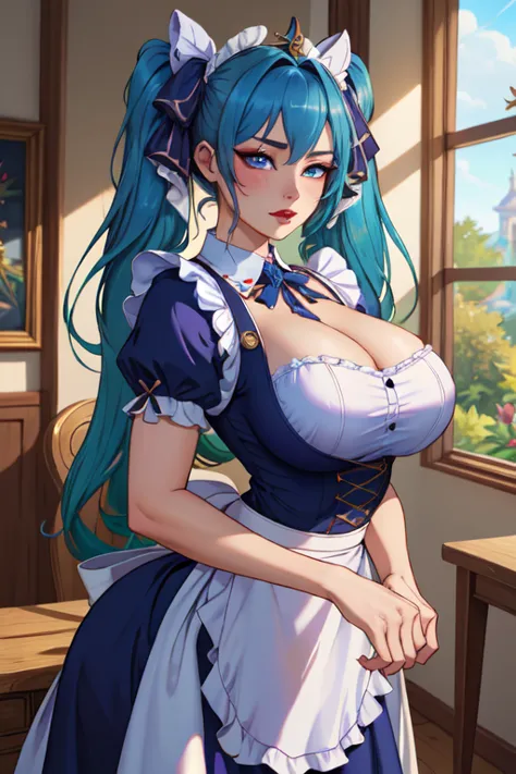 (masterpiece, best quality, absurdres, 4k, aesthetic, detailed, intricate),1girl,nikkecrwn,tiara, hair ribbon, blue hair, twin hair tails,
Sona from League of Legends,   french maid outfit, victorian maidservant, maid apron, White brim,







