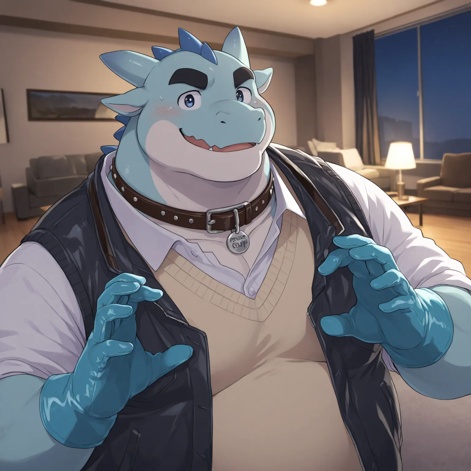 High Quality, Male, Dragon, Anthro(Dragon),Chubby,(Black eyebrows:1.1),(Perfect eyes),Smooth Skin，（artist:Takemoto Arashi），Living Room background，claw，（Sweater-vest:1.3）。Wearing a Leather collar around his neck with light-blue studs. Wearing fancy light-bl...