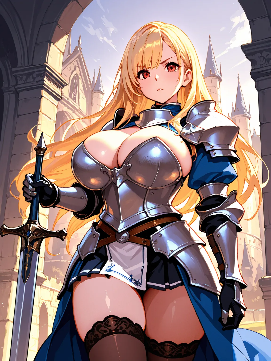 8k,masterpiece, best quality, ultra detailed, high resolution, super fine illustration, extremely detailed CG, looking at viewer,1girl,solo, red eyes, blonde hair, long hair, huge breasts, fantasy,knight, armor, armored skirt, thighhighs, holding long swor...