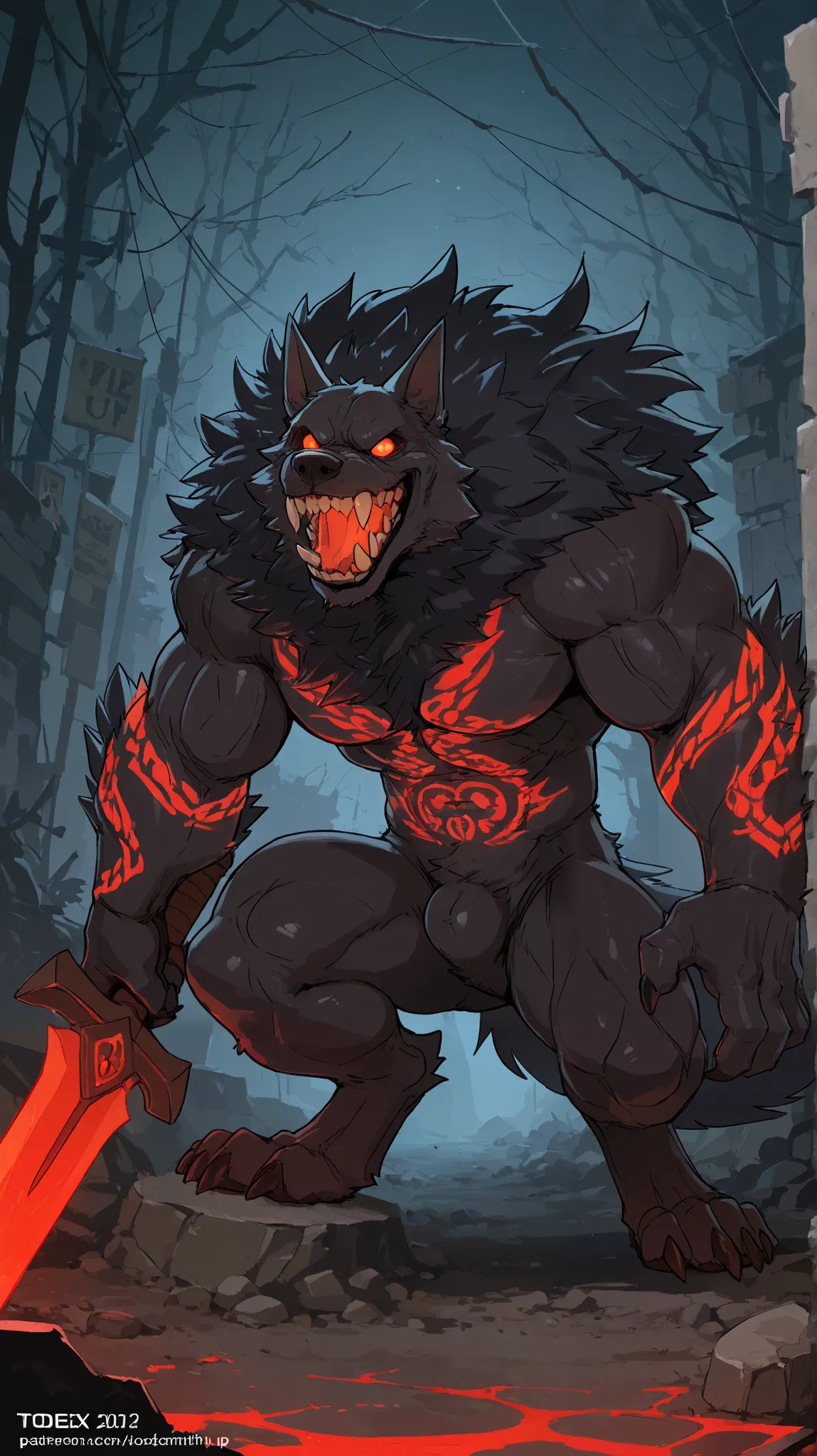 score_9, score_8_up, score_7_up, score_6_up, masterpiece, best quality, amazing quality, very aesthetic, absurdres, newest, scenery, (heartless, muscular, feral, big muscles, glowing red public tattoo), 1male, Solo, closed Mouth, evil grin, monster werewol...