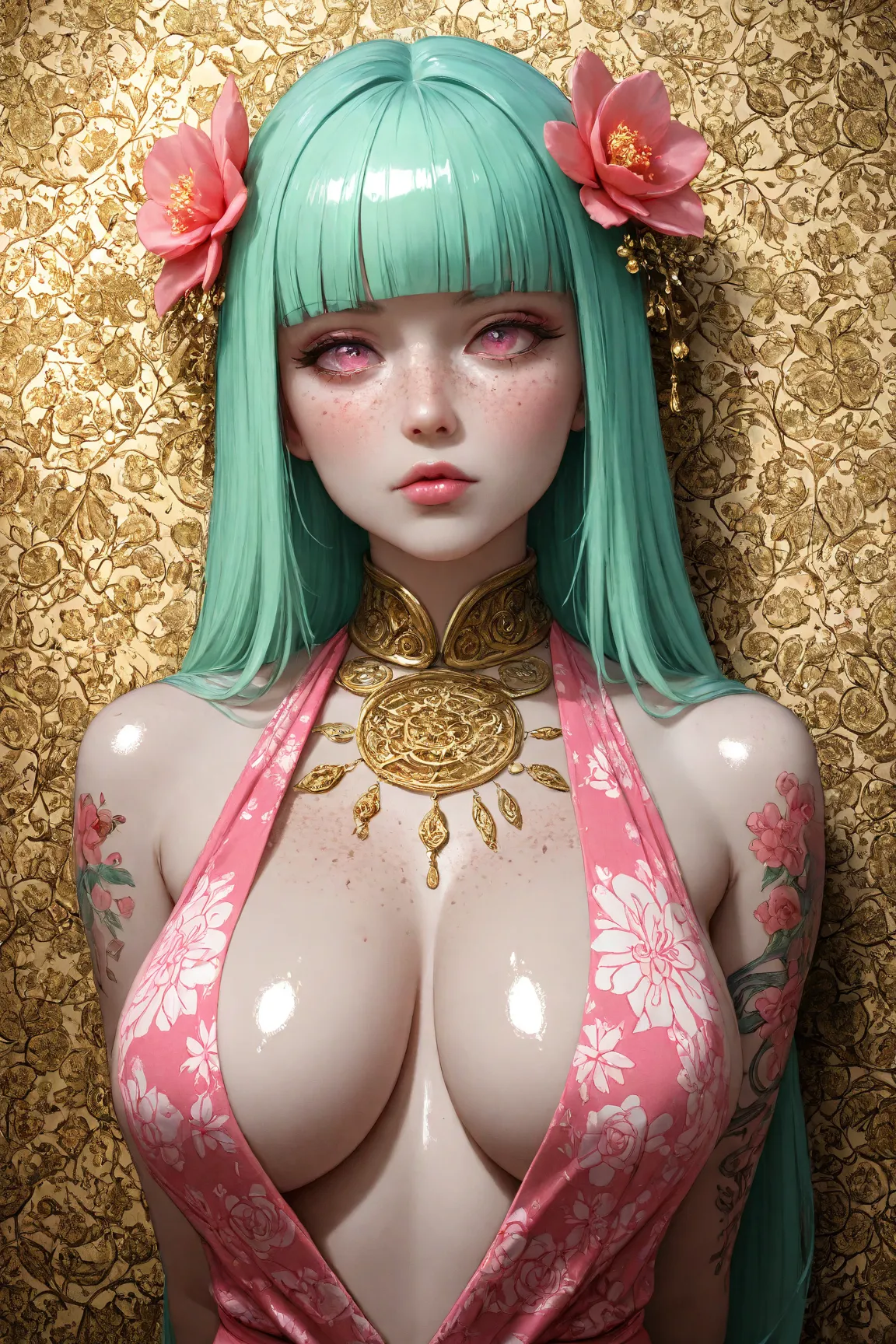 Kizi，Highly detailed, Amazing work，Vitreous luster,((clean backdrop))，In purple，(((reds)))，pink color，gold colour,  Best quality at best，plunging neckline, A mesmerizing surreal illustration of a thai girl. She has pastel green hair with blunt bangs, pink ...