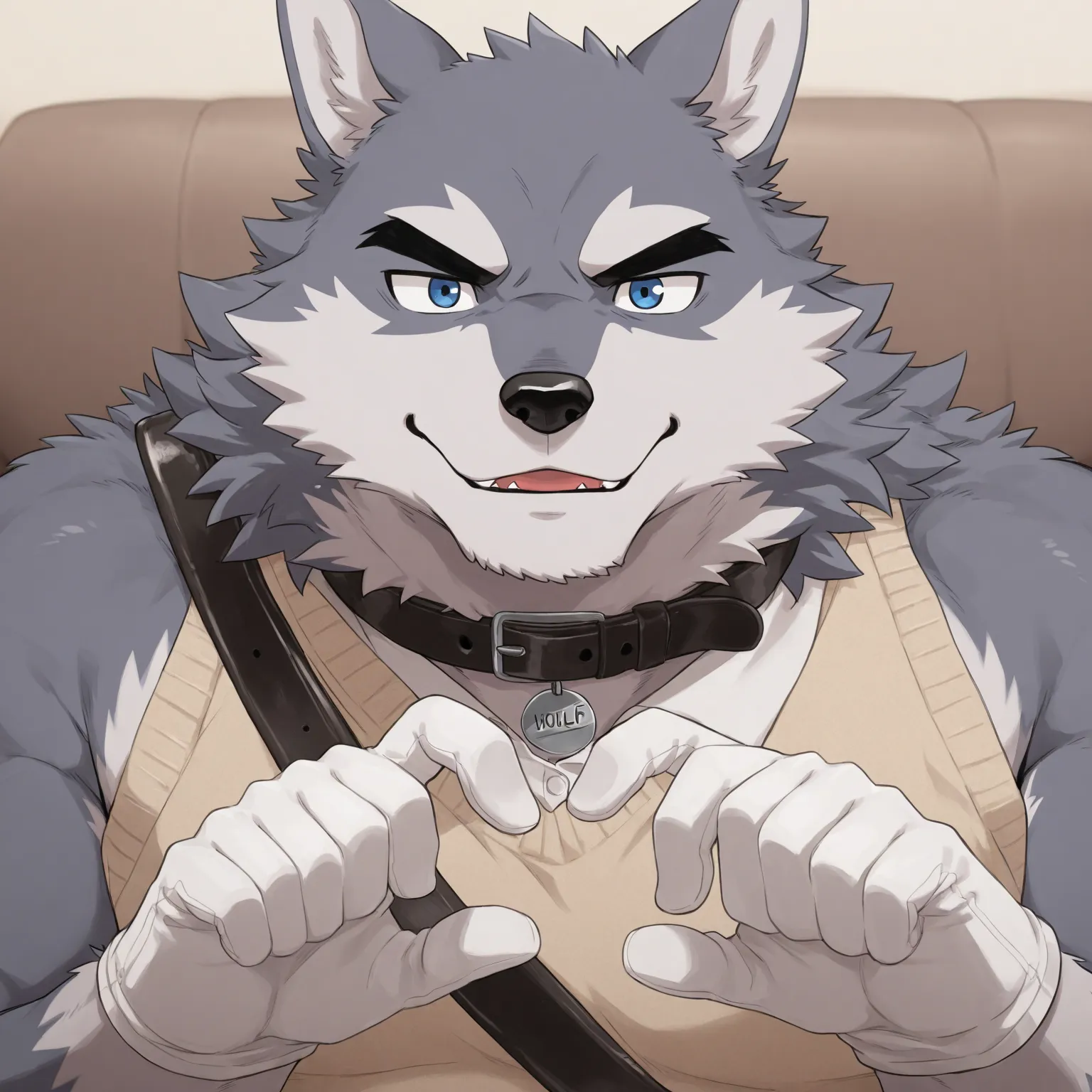 High Quality, Male, wolf, Anthro(wolf),Chubby,(Black eyebrows:1.1),(Perfect eyes),Smooth Skin，（artist:Takemoto Arashi），Living Room background，claw，（Sweater-vest:1.3）。Wearing a Leather collar around his neck. Wearing fancy white gloves on his hands, fancy w...