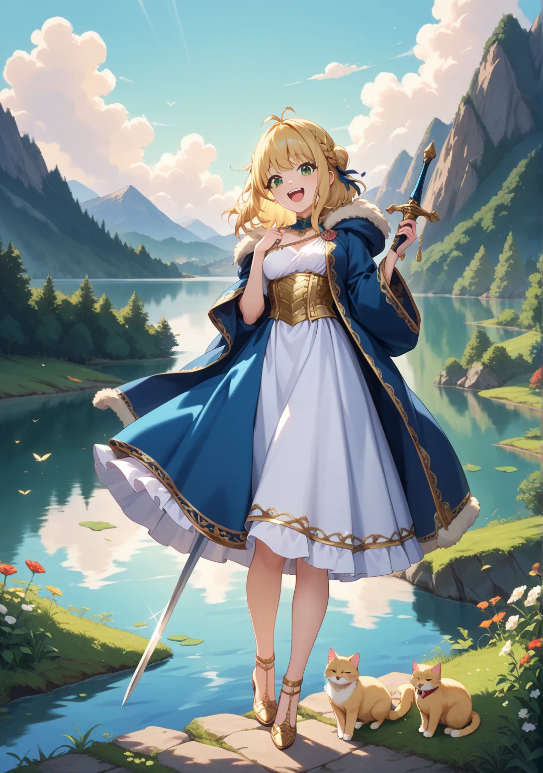 nsfw,girl,glamorous,straight hair,medium hair,{{{ash blond hair}}},dark green eyes,{{{One breast is coming out,One nipple is coming out}}},french braid,blue dress,Silver Armor,sword,low bun,full body,Golden Cat,antenna hair, laugh,Gold Embroidery,Fur cloak...