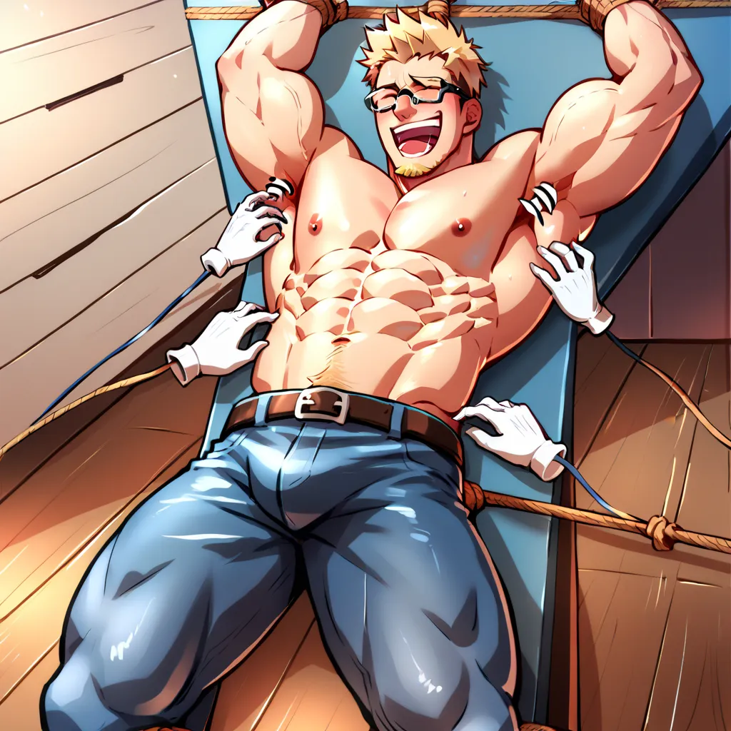 , PonyXLV6_Scores, , handsome muscular shirtless blonde haired man laughing, lying on the floor, , glasses, , hands above head restrained by ropes, legs tied up, armpit tickling, rib tickling, sides tickling, thighs tickling, tied to a wooden pole, standin...