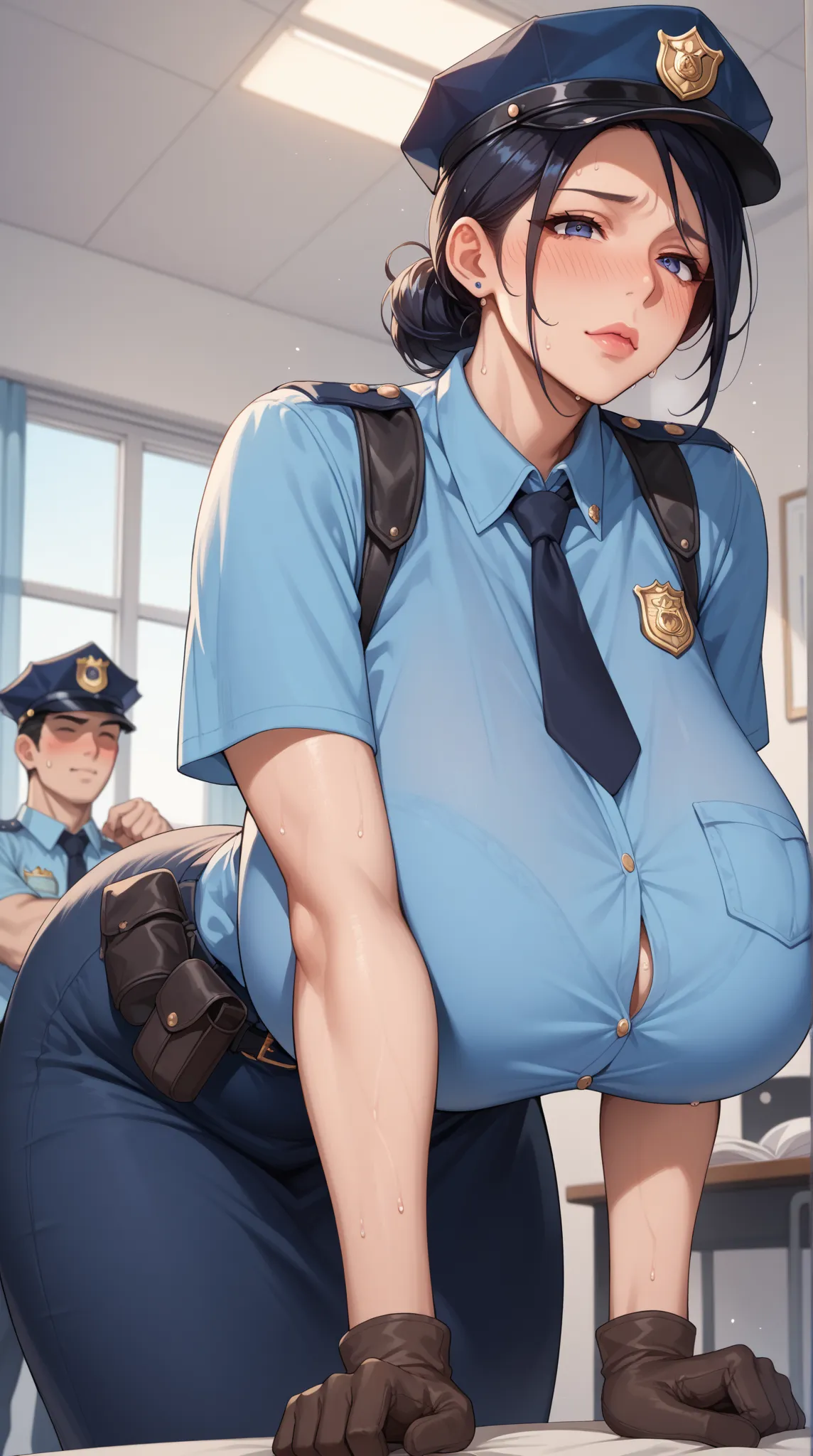 Score_9, Score_8_up, Score_7_up, Score_6_up, Score_5_up, Score_4_up, Source_anime, Tag1, Tag2, quality_masterpiece. BREAK A sexy woman in uniform bending forward with her tits out, Anatomically correct, Hyper breasts, Sagging breasts, Wide hips, Sensual wo...