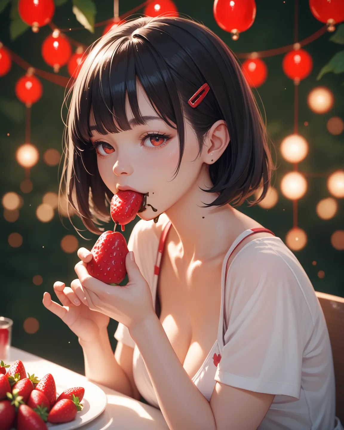 Girl with short straight black hair with bangs eating strawberries with chocolate with red lights