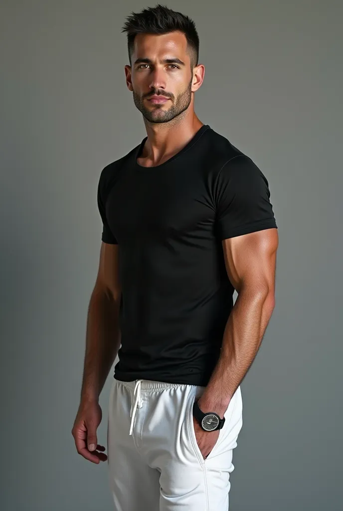 A handsome man in his 40s . Black short hair.  Slightly shaved face. Black tight shirt white tight pants white sports shoes. Hyper-realistic 8k ultra hd image 