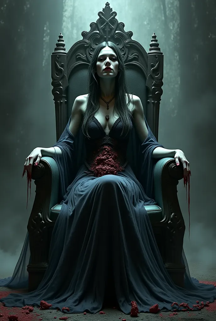 Lady Death sitting on her throne in her domain eating a corrupt Soul for dinner while wearing an alluring ambiguous semi-transparent dress, ( dark fantasy setting )