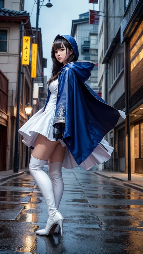 South korea asssassin walk women mystery hooded on with modern royal Blue coat with long and wide sleeves with buttons and royal Blue cape and very high white heel over the knee and white gloves, As she reveals a small secret hidden blade coming from his p...