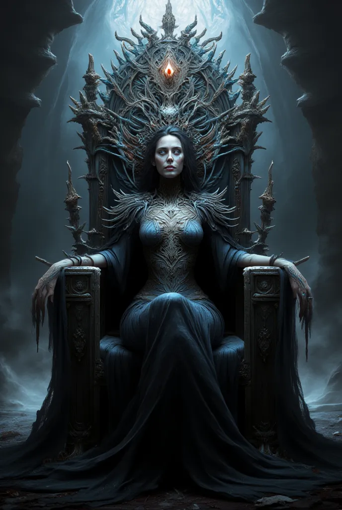 Lady Death sitting on her throne in her domain eating a corrupt Soul for dinner while wearing an alluring ambiguous semi-transparent dress, ( dark fantasy setting )