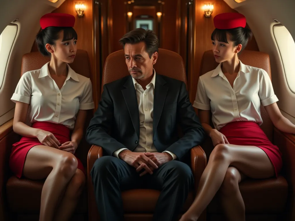 In luxury private jet. On a comfortable leather chair sits wealthy man dressed in an expensive suit. ((Opposite of him)) stands two ((18y old flight attendants in uniforms)) who are ((pulling down their skirts)). Their facial expressions are a combination ...